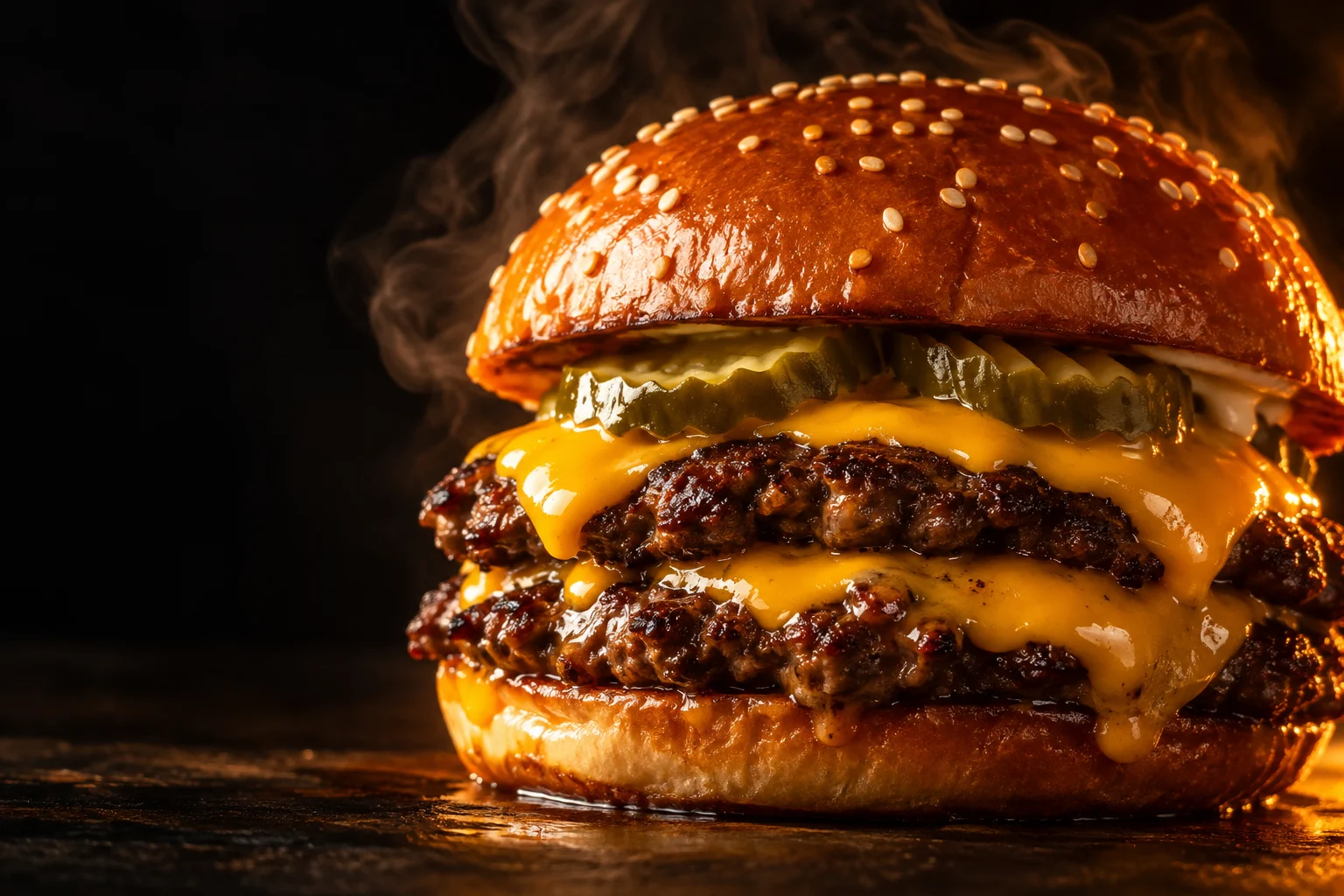 Double smash burger with melted cheese, pickles, and a toasted sesame bun